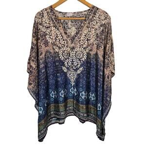 Sevya Deena Hand Embroidered Silk Tunic Top‎ One Size Boho Hippie Fairy Flowy